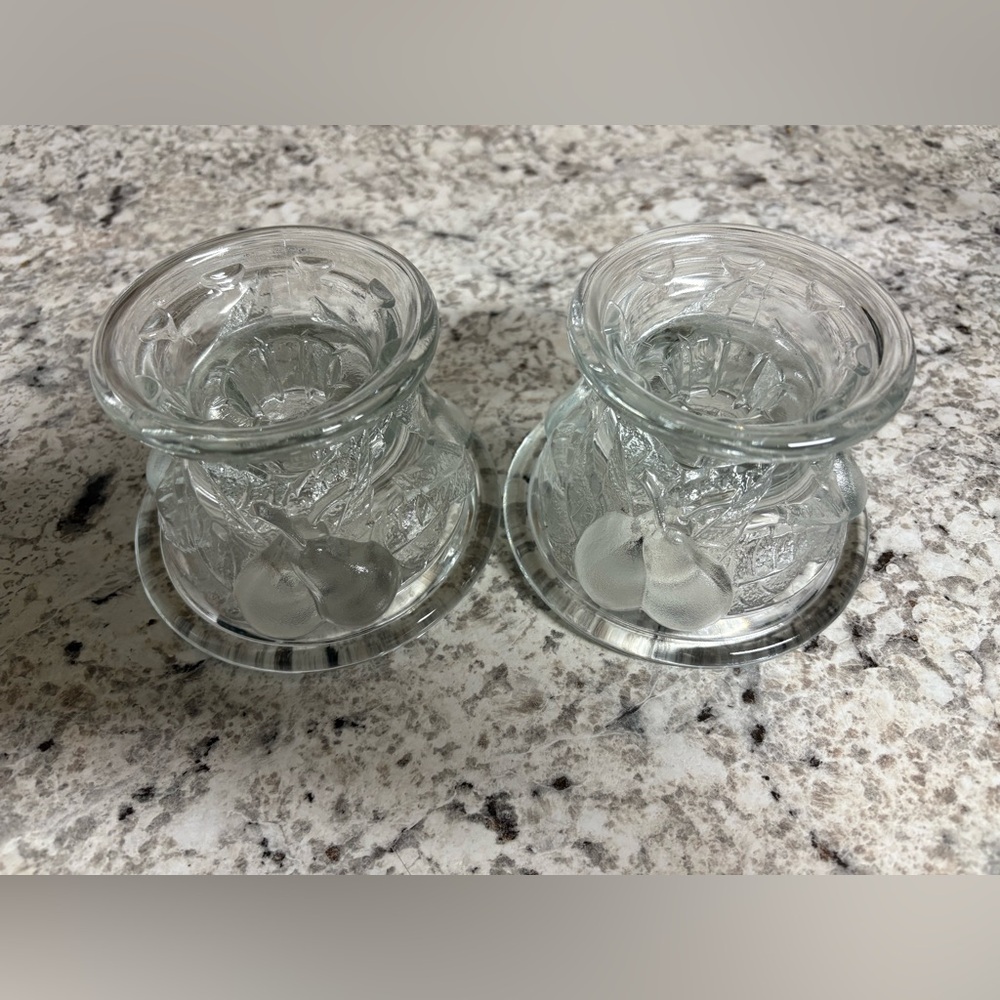 Vintage Teleflora clear pressed glass reversible candle holders. Pear and Leaf
